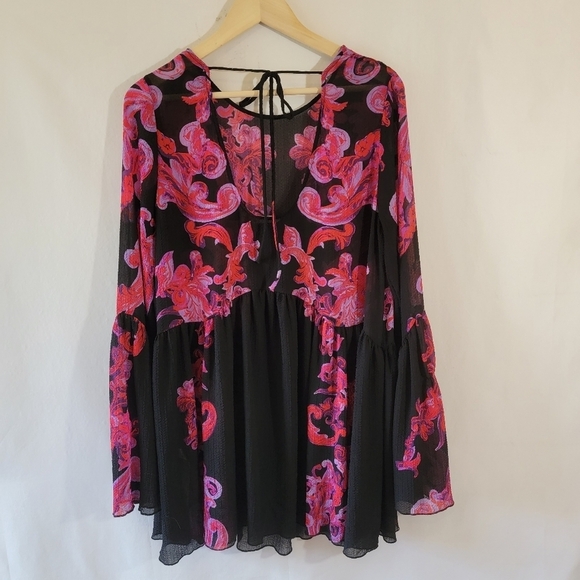 Free People Printed Symphony Smock Dress Sz S/P Black Red Floral Sheer Bohemian - Picture 4 of 12